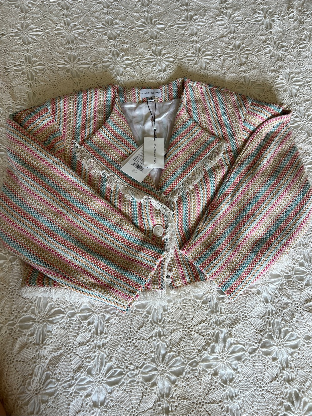 Something Navy Pastel Striped Cropped Tweed Blazer